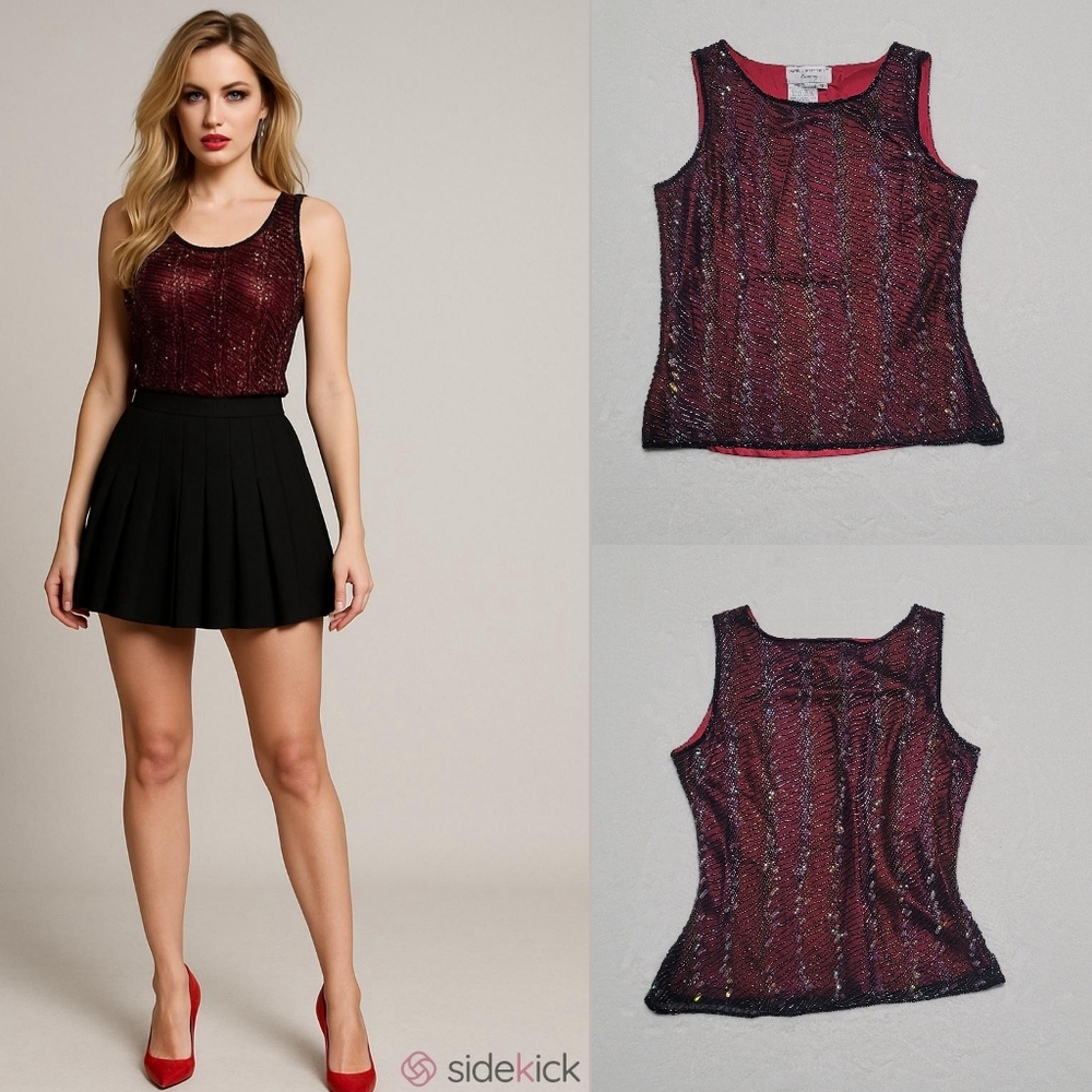 Papell Boutique Evening Vintage Red Silk Sequin Beaded Flared Hem Cropped Blouse